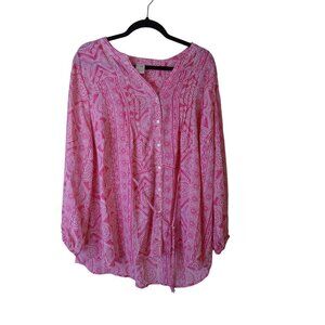 Terra & Sky Brand Women 1X (16W-18W) Polyester Tie Front Blouse Pink White Print